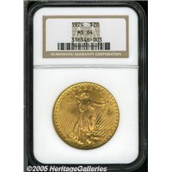 1924 $20 MS64 NGC. Lustrous gold-peach surfaces a