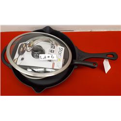 CAST IRON PAN AND MISC KITCHENWARE