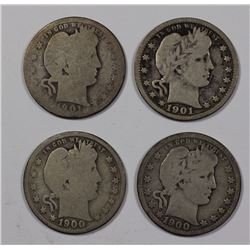 BARBER QUARTERS: 1900-O AG, 1900-S AG/G, 1901 VG