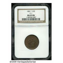 1851 1/2 C MS65 Brown NGC. C-1, B-1, R-1. The bas