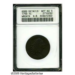 1793 1C Wreath Cent--Vine and Bars--Scratched--AN