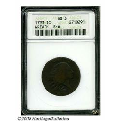 1793 1C Wreath Cent--Vine and Bars--AG3 ANACS. S-