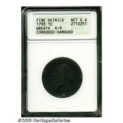 1793 1C Wreath Cent--Vine and Bars--Corroded, Dam