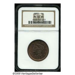 1853 1C MS66 Brown NGC. N-18, R.1. Traces of recu