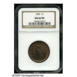 1853 1C MS66 Brown NGC. N-25, R.1. The obverse of