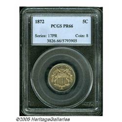 1872 5C PR66 PCGS. Golden-brown toning covers eac