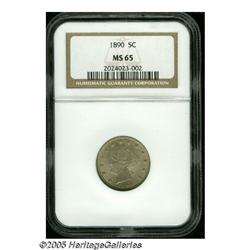 1890 5C MS65 NGC. Sharply struck over the obverse
