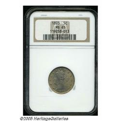 1893 5C MS65 NGC. Soft luster flows through light