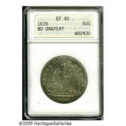 1839 50C No Drapery XF40 ANACS. Lustrous and some