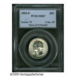 1953-S 25C MS67 PCGS. Potent cartwheel luster swe