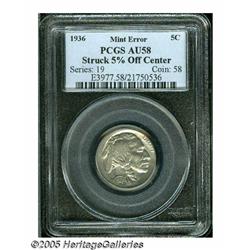 1936 5C Buffalo Nickel--Struck 5% Off Center--AU5