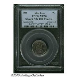 1855 10C Arrows Seated Dime--Struck 5% Off Center