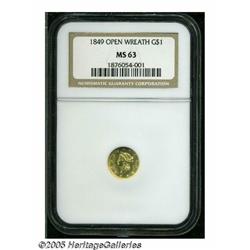 1849 G$1 Open Wreath MS63 NGC. Small Head, with L