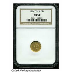 1854 G$1 Type Two AU58 NGC. A nearly Mint State e