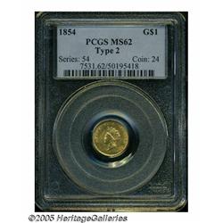 1854 G$1 Type Two MS62 PCGS. Although struck from