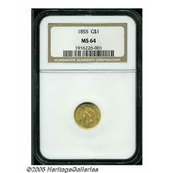 1855 G$1 MS64 NGC. A shimmering, well frosted rep
