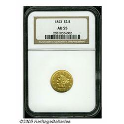 1843 $2 1/2 AU55 NGC. Scarcer than its mintage of