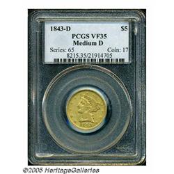 1843-D $5 Medium D VF35 PCGS. Variety 10-H. Altho