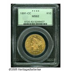 1891-CC $10 MS62 PCGS. Breen-7035. The mintmark i