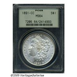 1891-CC S$1 MS64 PCGS. Lustrous surfaces display 