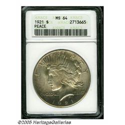 1921 S$1 MS64 ANACS. Splotches of olive-tan tonin