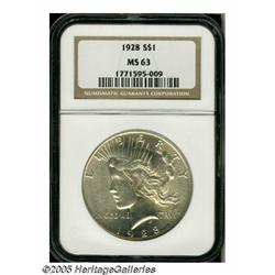 1928 S$1 MS63 NGC. Bright lustrous surfaces exhib