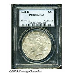 1934-D S$1 MS65 PCGS. Large D. Dappled pale orang