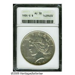 1934-S S$1 AU58 ANACS. Silver-gray surfaces revea