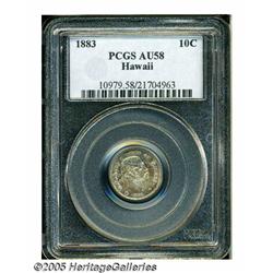 1883 10C Hawaii Ten Cents AU58 PCGS. Vibrant gold