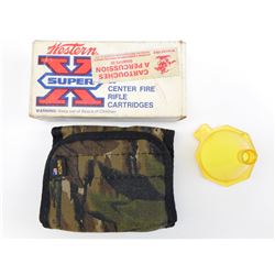 WESTERN 35 REMINGTON AMMO, INCLUDING KOPLIN CAMO CANVAS AMMO HOLDER, POWDER FUNNEL