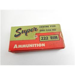 SUPER CEMTRE FIRE SINGLE FLASH HOLE, 222 RIM, COLLECTOR AMMO BOX