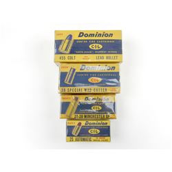DOMINION COLLECTOR BOXES, 25 AUTO, 32-20, 455 COLT, AND 38 SP