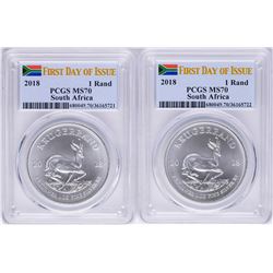 Lot of (2) 2018 South Africa Krugerrand Silver Coins PCGS MS70 First Issue
