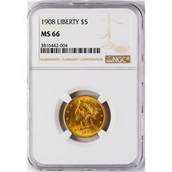 1908 $5 Liberty Head Half Eagle Gold Coin NGC MS66