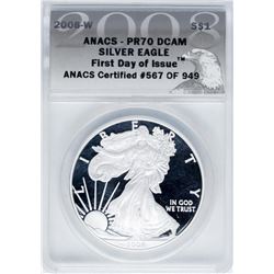 2008-W $1 Proof American Silver Eagle Coin ANACS PR70DCAM First Day of Issue