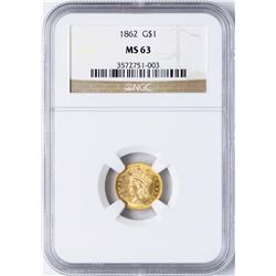 1862 Type 3 $1 Indian Princess Head Gold Dollar Coin NGC MS63