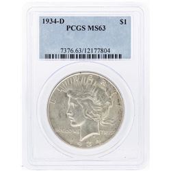 1934-D $1 Peace Silver Dollar Coin PCGS MS63