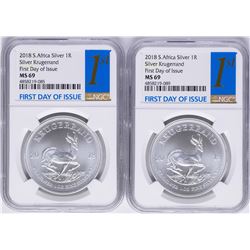 Lot of (2) 2018 South Africa Krugerrand Silver Coins NGC MS69 First Day of Issue