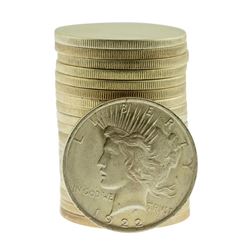 Roll of (20) Brilliant Uncirculated 1922 $1 Peace Silver Dollar Coins