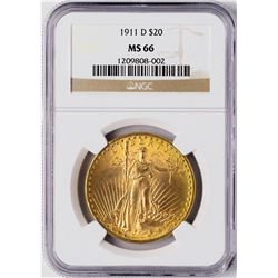 1911-D $20 St. Gaudens Double Eagle Gold Coin NGC MS66