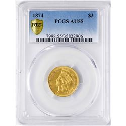 1874 $3 Indian Princess Head Gold Coin PCGS AU55