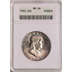 1953 Franklin Half Dollar Coin ANACS MS64 Nice Toning