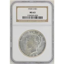 1925-S $1 Peace Silver Dollar Coin NGC MS63