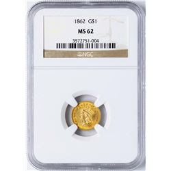 1862 Type 3 $1 Indian Princess Head Gold Dollar Coin NGC MS62