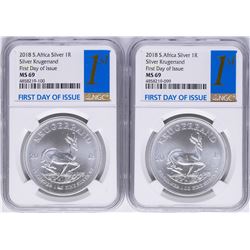 Lot of (2) 2018 South Africa Krugerrand Silver Coins NGC MS69 First Day of Issue