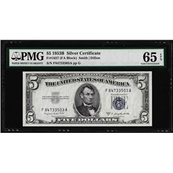 1953B $5 Silver Certificate Note Fr.1657 PMG Gem Uncirculated 65EPQ