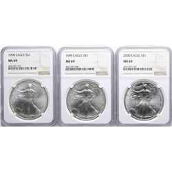 Lot of 1998-2000 $1 American Silver Eagle Coins NGC MS69