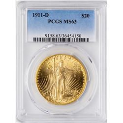 1911-D $20 St. Gaudens Double Eagle Gold Coin PCGS MS63