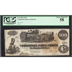 1862 $100 Confederate States of America Note T-39 PCGS Choice About New 58
