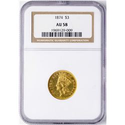 1874 $3 Indian Princess Head Gold Coin NGC AU58